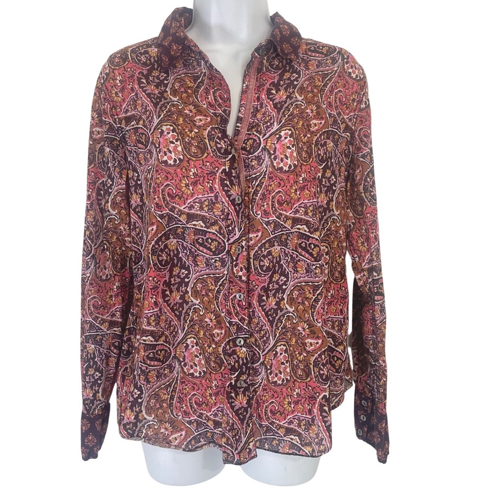 Cino Womens Button Down Shirt Paisley Crinkle Cotton S Pink Brown Boho‎ Festival